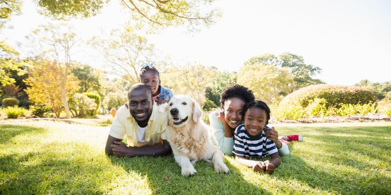 family of four and dog laying on grass outside